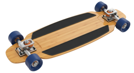 Isolated skateboard featuring dark-blue wheels & dark-gray non-slip strips on a wooden deck