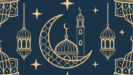 Elegant ramadan themed vector illustration with crescent moon mosque lanterns and stars design on blue