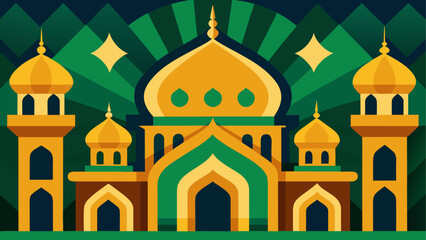 Illustration of a golden mosque with minarets and geometric green background with stars design element