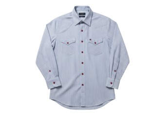 Isolated blue striped shirt button up, long sleeves and red buttons, modern and attractive