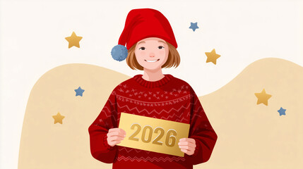 Cute flat-style Christmas illustration featuring a festive character wearing a red Santa hat and a cozy Nordic-patterned red sweater, holding a large golden sign with the number â2