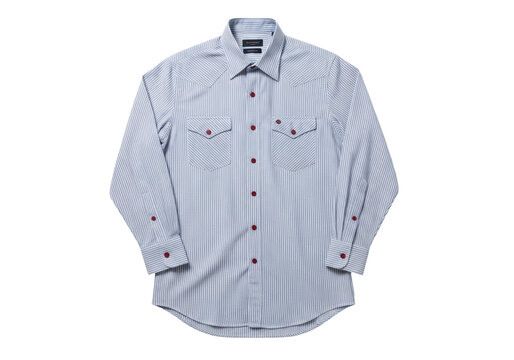 Isolated blue striped shirt button up, long sleeves and red buttons, modern and attractive