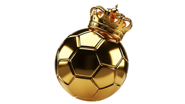 Golden soccer ball with crown on black background, royalty and champion