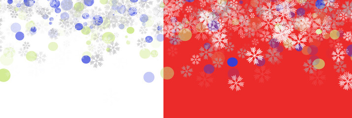 Blue and white christmas bokeh lights with falling snowflakes on red transparent background.