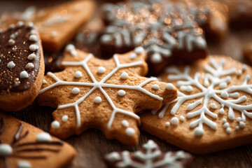 macro shot of decorated gingerbread cookies and snowflake shapes with icing details