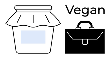Jar with fabric lid, briefcase, and vegan text emphasizing sustainability and lifestyle choices. Ideal for veganism, healthy living, work-life balance, minimalism, conscious consumerism, branding