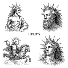 Helios Sun God in Vintage Engraving Style Transparent Background