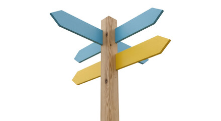 Isolated directional signpost, navigational guidepost with blue and yellow arrow planks