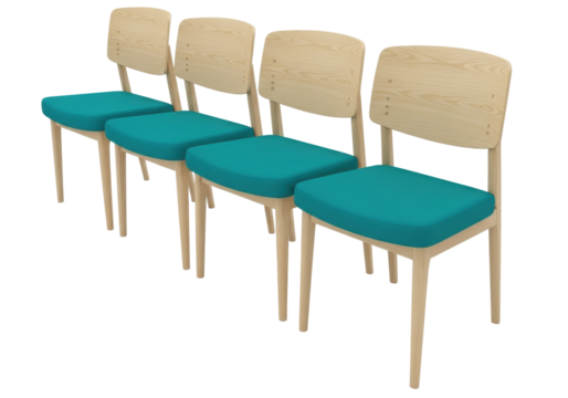 Isolated stack of wooden chairs, casual seating, four stylish chairs in a row, furnishing