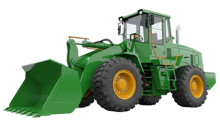 Isolated green wheel loader, heavy construction equipment for earthworks and building sites