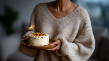 Cozy atmospheric New Year scene featuring a woman holding a small rustic celebration cake with handwritten-style frosting that reads âhello 2026â. The cake is decorated in a minima