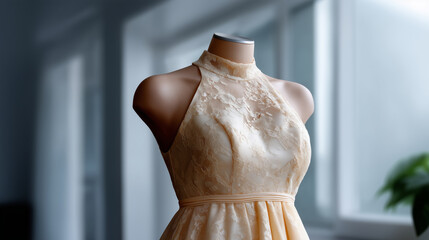 Elegant vintage-inspired sleeveless A-line dress displayed on a mannequin, crafted from soft beige lace with intricate floral embroidery. High neckline, fitted bodice, gently flare