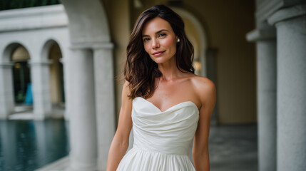 Elegant bride in a luxurious strapless white wedding gown with a fitted draped bodice and a voluminous flowing skirt, standing outdoors under classical stone arches. Soft natural l