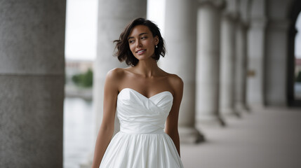 Elegant bride in a luxurious strapless white wedding gown with a fitted draped bodice and a voluminous flowing skirt, standing outdoors under classical stone arches. Soft natural l