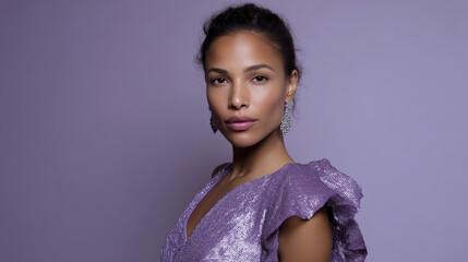 Glamorous woman wearing a shimmering lavender sequin dress with sculpted ruffled shoulder detail, posing against a soft lilac backdrop. Elegant makeup, defined brows, natural glow,