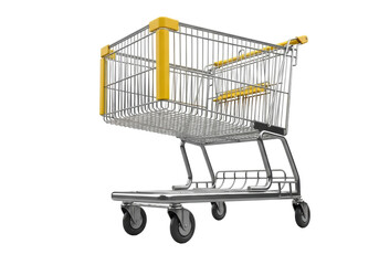 Isolated shopping cart for supermarket with yellow accents, metal and chrome design