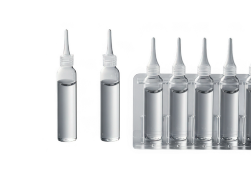 Clear glass ampoules filled with clear liquid in a transparent rack isolated on transparent background