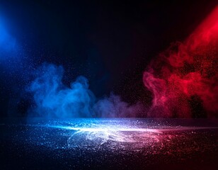 Atmospheric scene with blue and red spotlights illuminating swirling clouds of smoke on a reflective dark surface