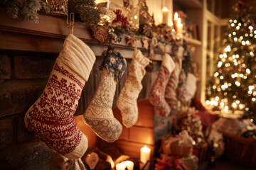 Christmas living room scene with stockings hanging on decorated fireplace