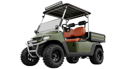 Isolated golf cart with cargo bed, all-terrain wheels, and off-road lighting features