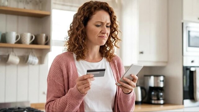 Frustrated Woman with Credit Card and Smartphone in Kitchen, Experiencing Online Payment Issue or Digital Transaction Difficulty