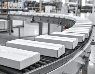 Boxes on conveyor belt inside factory; blurred background, bright lighting, and repetitive patterns