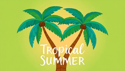 Obraz premium Two stylized palm trees stand side-by-side, bright green leaves against a light green background, with white stylized text