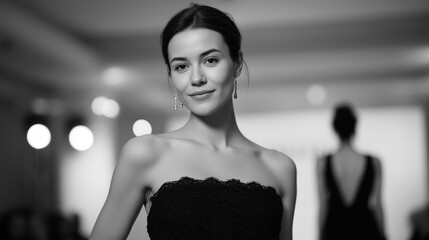 Elegant runway fashion show captured in a premium editorial style. A model with refined facial features and warm light-to-medium skin tone walks confidently toward the camera weari