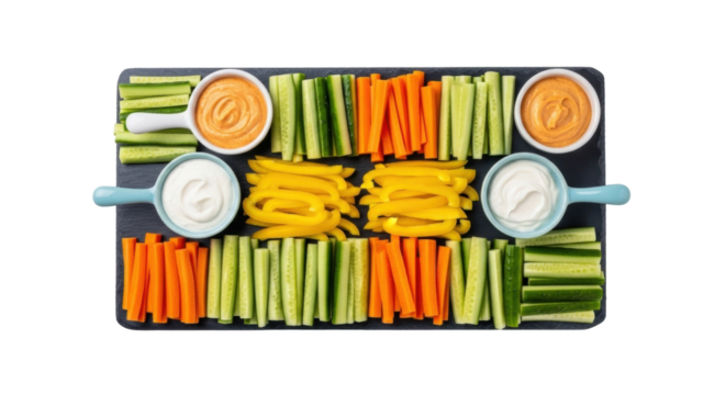 Isolated crudités appetizer platter with sliced fresh vegetables and dips on serving board