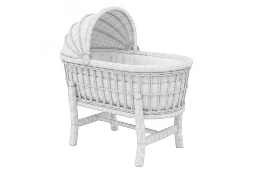 White wicker moses basket bassinet with canopy isolated on transparent background