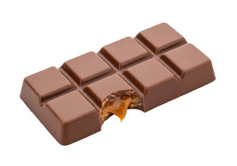 Isolated caramel filled chocolate bar with a bite taken out, sweet food treat dessert