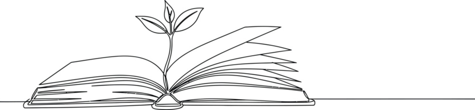 Continuous line drawing of open book with flower growing from pages