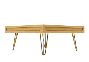 Isolated minimalist coffee table with wooden top and metal legs for living room area