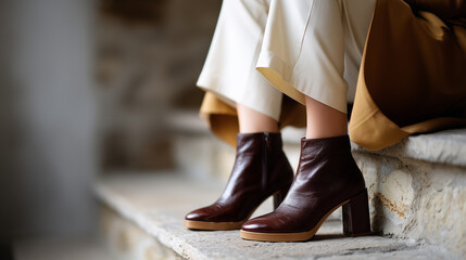 Front-row fashion show detail shot focusing on the legs and footwear of stylish women seated on textured stone flooring. The scene captures three distinct pairs of high-fashion pla
