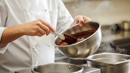 Chef preparing melted dark chocolate in a metal bowl for culinary use in a professional kitchen setting