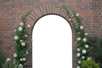 Elegant Garden Gateway, Floral Brick Arch Framed on White Background