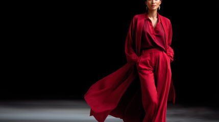 High-fashion runway moment with dramatic motion. Close-up cropped shot of a model in a striking long red avant-garde outfit flowing coat, tailored jacket, and wide-leg pants captur