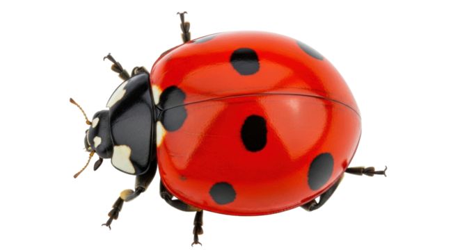 Isolated seven-spot ladybug or coccinella septempunctata, a red insect with black spots