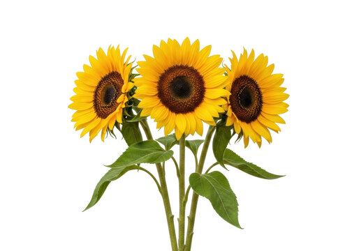 Isolated sunflower bouquet, three flowers with stems and leaves, yellow petals, golden bloom