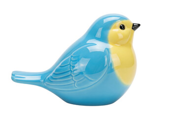 Isolated figurine of a small blue and yellow ceramic bird, lovely decor object