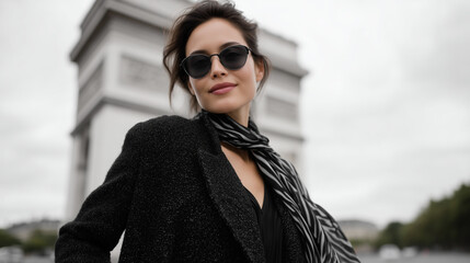 High-fashion monochrome portrait of an elegant woman posing near the Arc de Triomphe in Paris. She wears a textured bouclÃ© blazer with a wide black leather belt, accessorized with