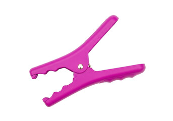 Isolated vibrant purple plastic clamp with hinged jaws for versatile holding and gripping purposes