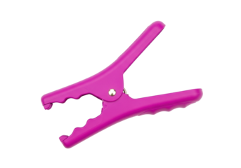 Isolated vibrant purple plastic clamp with hinged jaws for versatile holding and gripping purposes