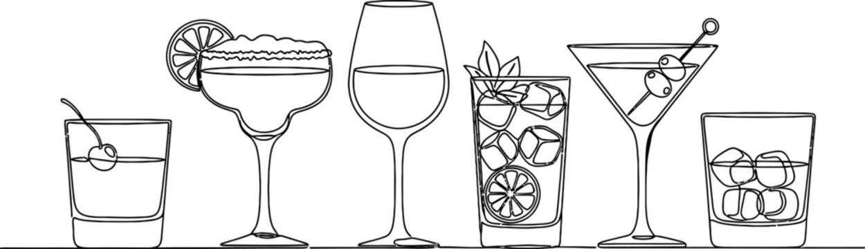Line art illustration of various cocktails and drinks on a surface