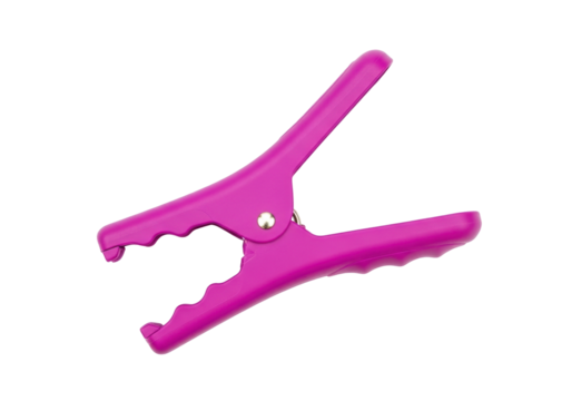 Isolated vibrant purple plastic clamp with hinged jaws for versatile holding and gripping purposes