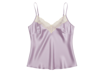 Isolated lavender silk camisole lingerie top with lace trim, on display against a neutral backdrop