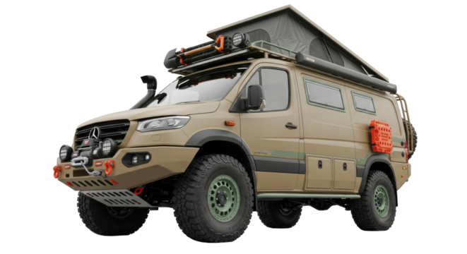 Isolated overland van equipped with camping equipment for outdoor adventure travel, ready for roadtrip