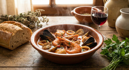 Rustic Mediterranean Seafood Stew with Wine and Bread on Wooden Table