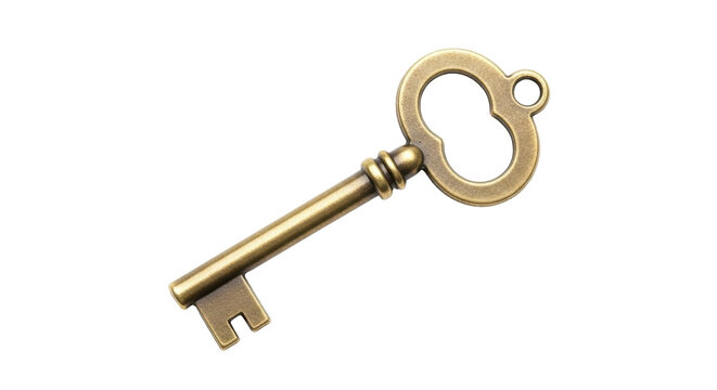 Isolated antique key, old-fashioned gold metal skeleton key for lock, treasure, adventure