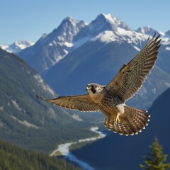 Peregrine falcon in flight with wings fully extended over scenic mountain valley, powerful bird of prey with yellow claws and sharp beak, clear blue sky and snowy peaks, symbol of freedom, speed and p